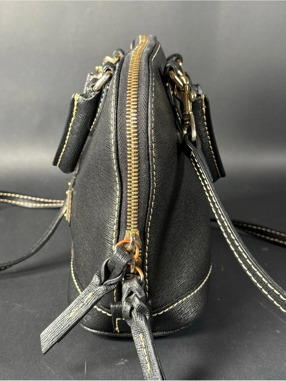 Dooney & Bourke Saffiano Leather Black Handbag with Gold Plaque